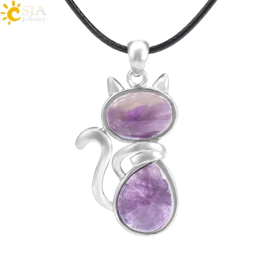 Natural Stone Necklaces Pink Quartz Pendants for Women Girl Cute Cat Shape Rock Black Onyx Beads Chain Jewelry
