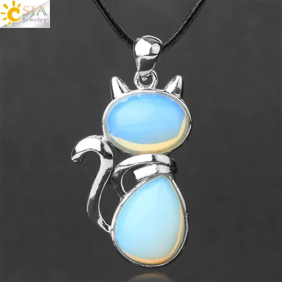 Natural Stone Necklaces Pink Quartz Pendants for Women Girl Cute Cat Shape Rock Black Onyx Beads Chain Jewelry