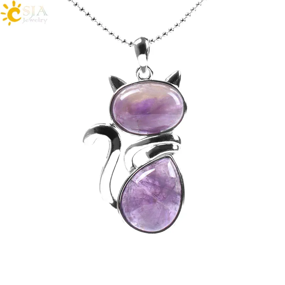 Natural Stone Necklaces Pink Quartz Pendants for Women Girl Cute Cat Shape Rock Black Onyx Beads Chain Jewelry