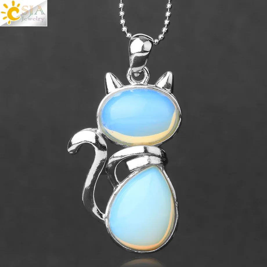 Natural Stone Necklaces Pink Quartz Pendants for Women Girl Cute Cat Shape Rock Black Onyx Beads Chain Jewelry