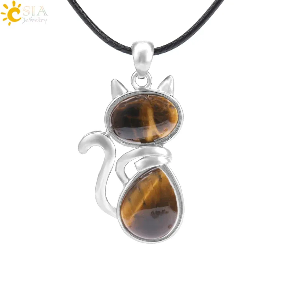 Natural Stone Necklaces Pink Quartz Pendants for Women Girl Cute Cat Shape Rock Black Onyx Beads Chain Jewelry