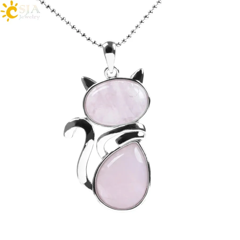 Natural Stone Necklaces Pink Quartz Pendants for Women Girl Cute Cat Shape Rock Black Onyx Beads Chain Jewelry