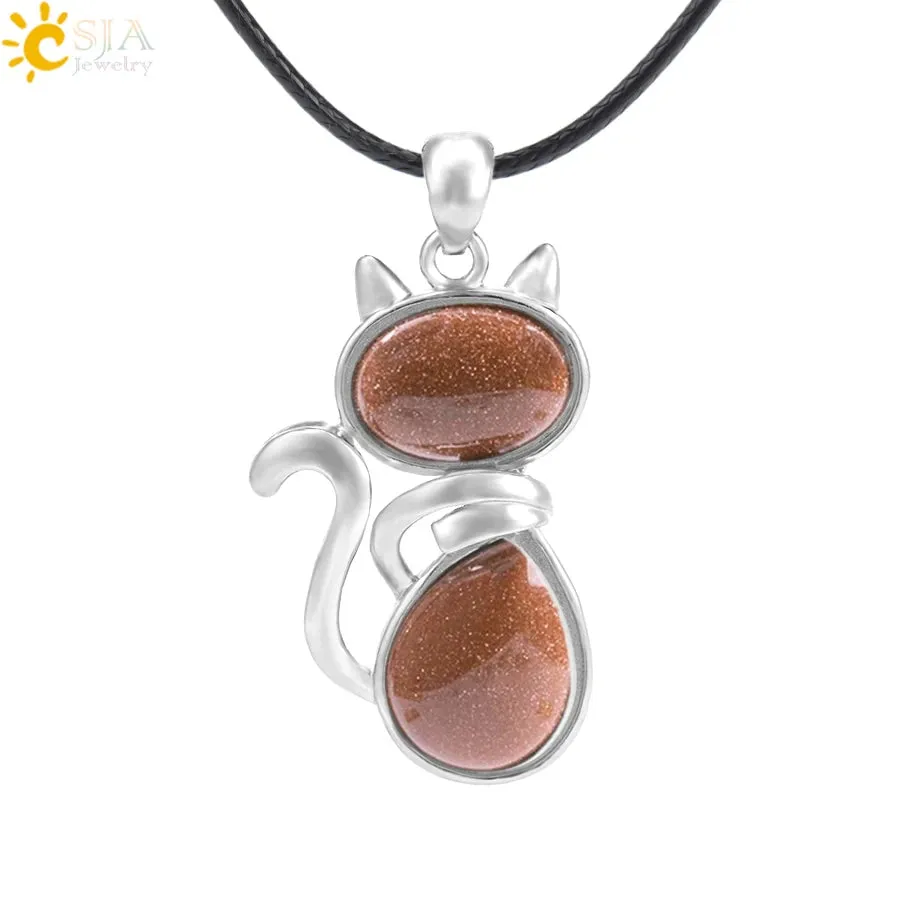 Natural Stone Necklaces Pink Quartz Pendants for Women Girl Cute Cat Shape Rock Black Onyx Beads Chain Jewelry