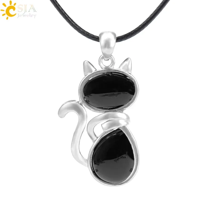 Natural Stone Necklaces Pink Quartz Pendants for Women Girl Cute Cat Shape Rock Black Onyx Beads Chain Jewelry