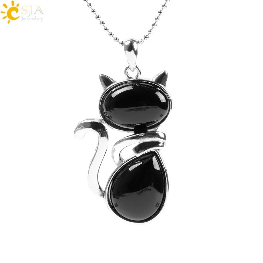 Natural Stone Necklaces Pink Quartz Pendants for Women Girl Cute Cat Shape Rock Black Onyx Beads Chain Jewelry