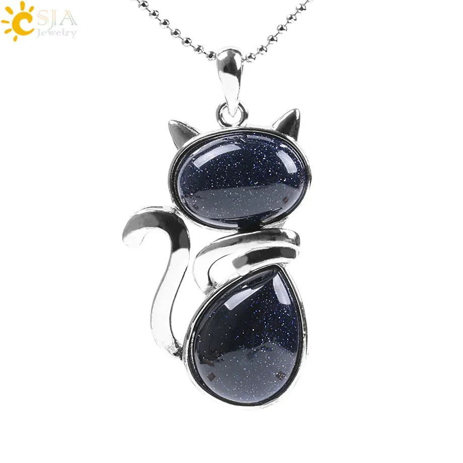 Natural Stone Necklaces Pink Quartz Pendants for Women Girl Cute Cat Shape Rock Black Onyx Beads Chain Jewelry