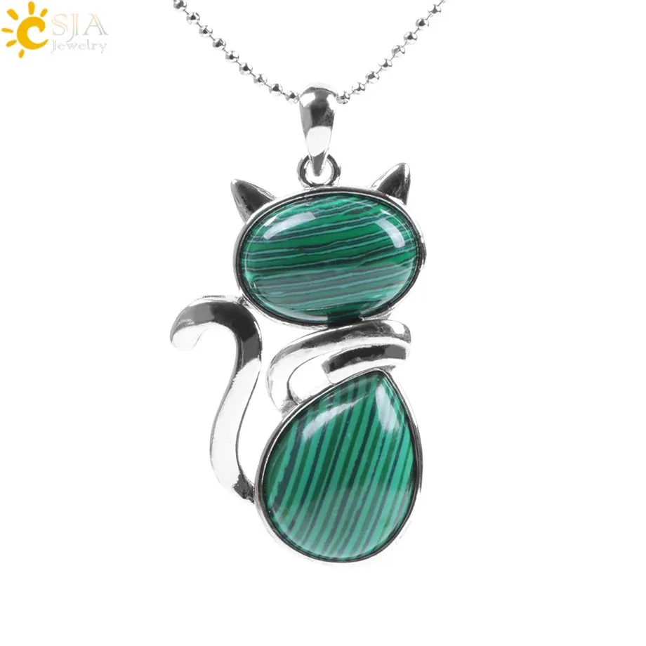 Natural Stone Necklaces Pink Quartz Pendants for Women Girl Cute Cat Shape Rock Black Onyx Beads Chain Jewelry