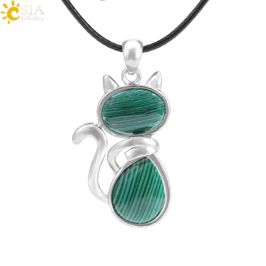 Natural Stone Necklaces Pink Quartz Pendants for Women Girl Cute Cat Shape Rock Black Onyx Beads Chain Jewelry