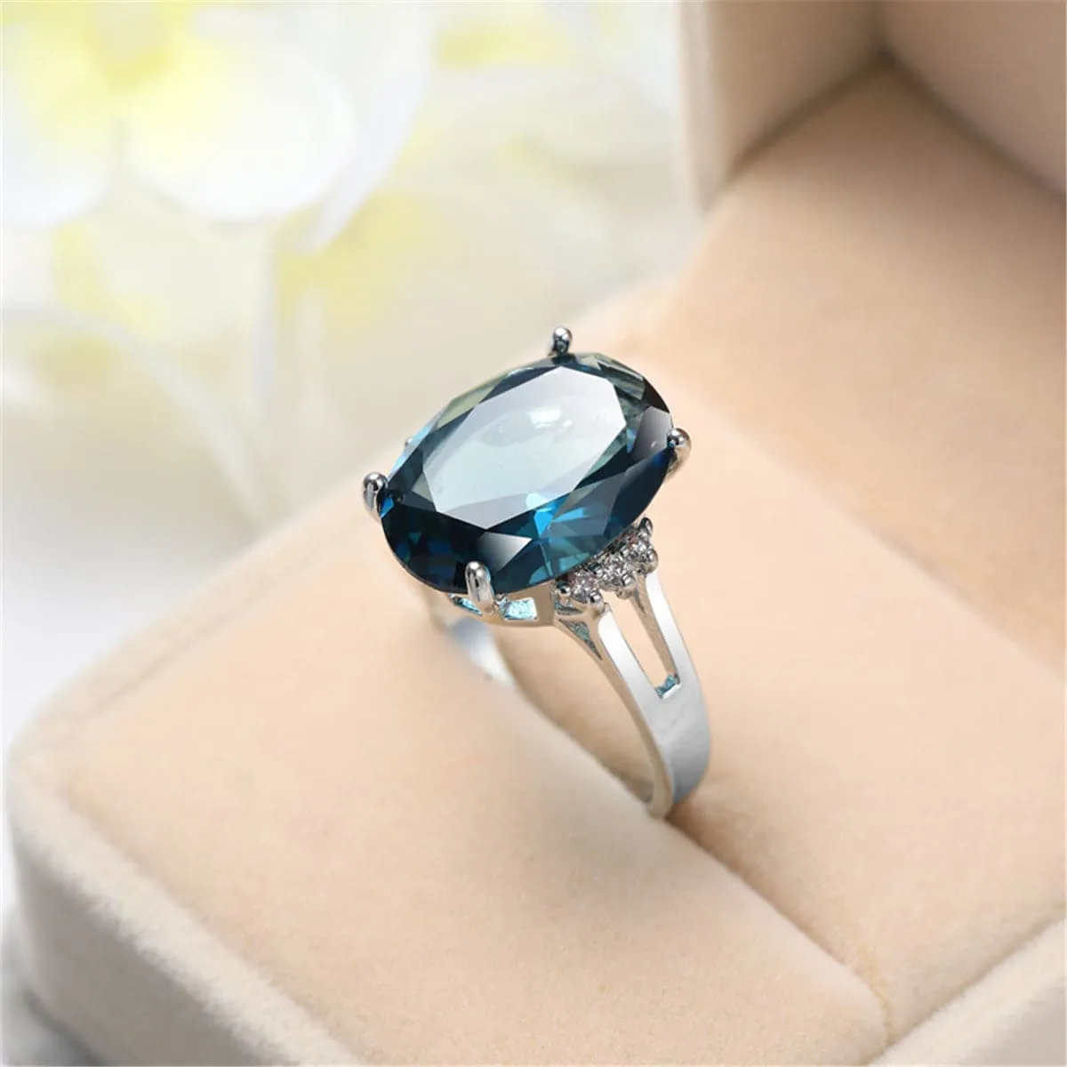Navy Crystal & Silver-Plated Oval-Cut Cocktail Ring