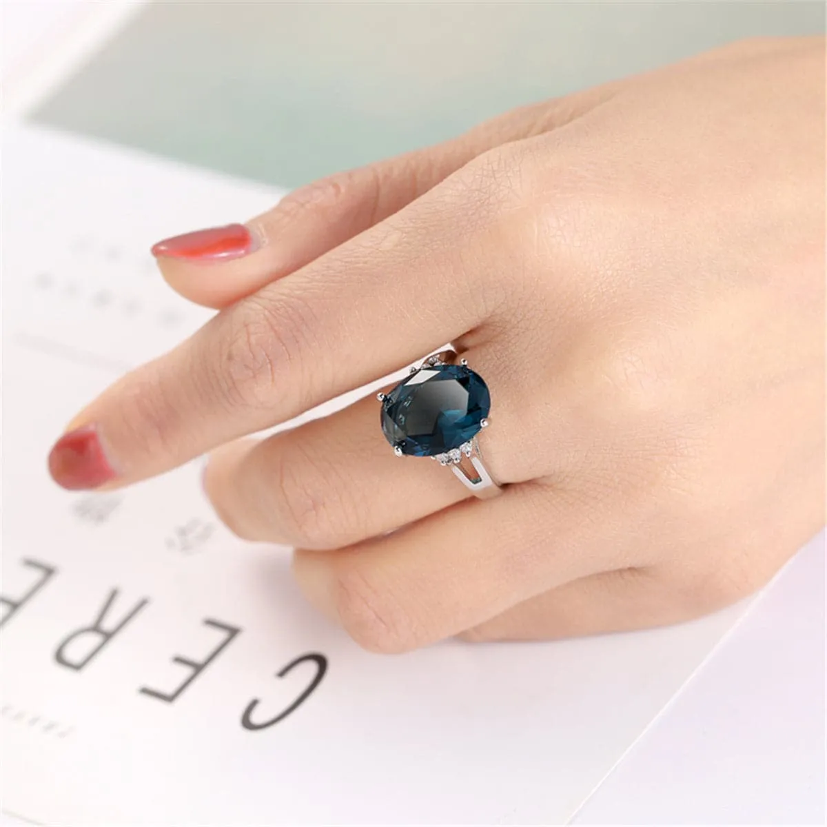 Navy Crystal & Silver-Plated Oval-Cut Cocktail Ring