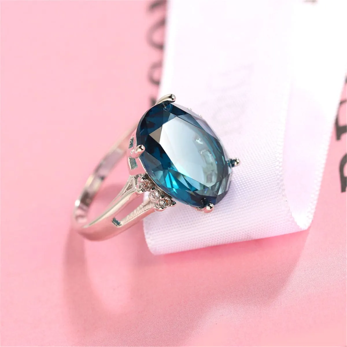 Navy Crystal & Silver-Plated Oval-Cut Cocktail Ring
