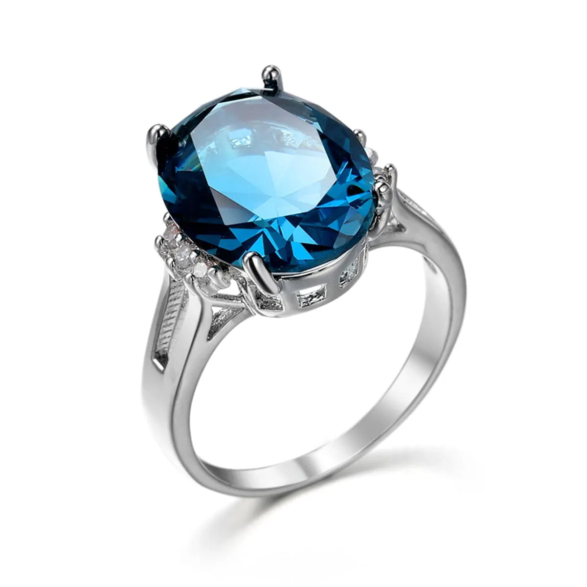 Navy Crystal & Silver-Plated Oval-Cut Cocktail Ring