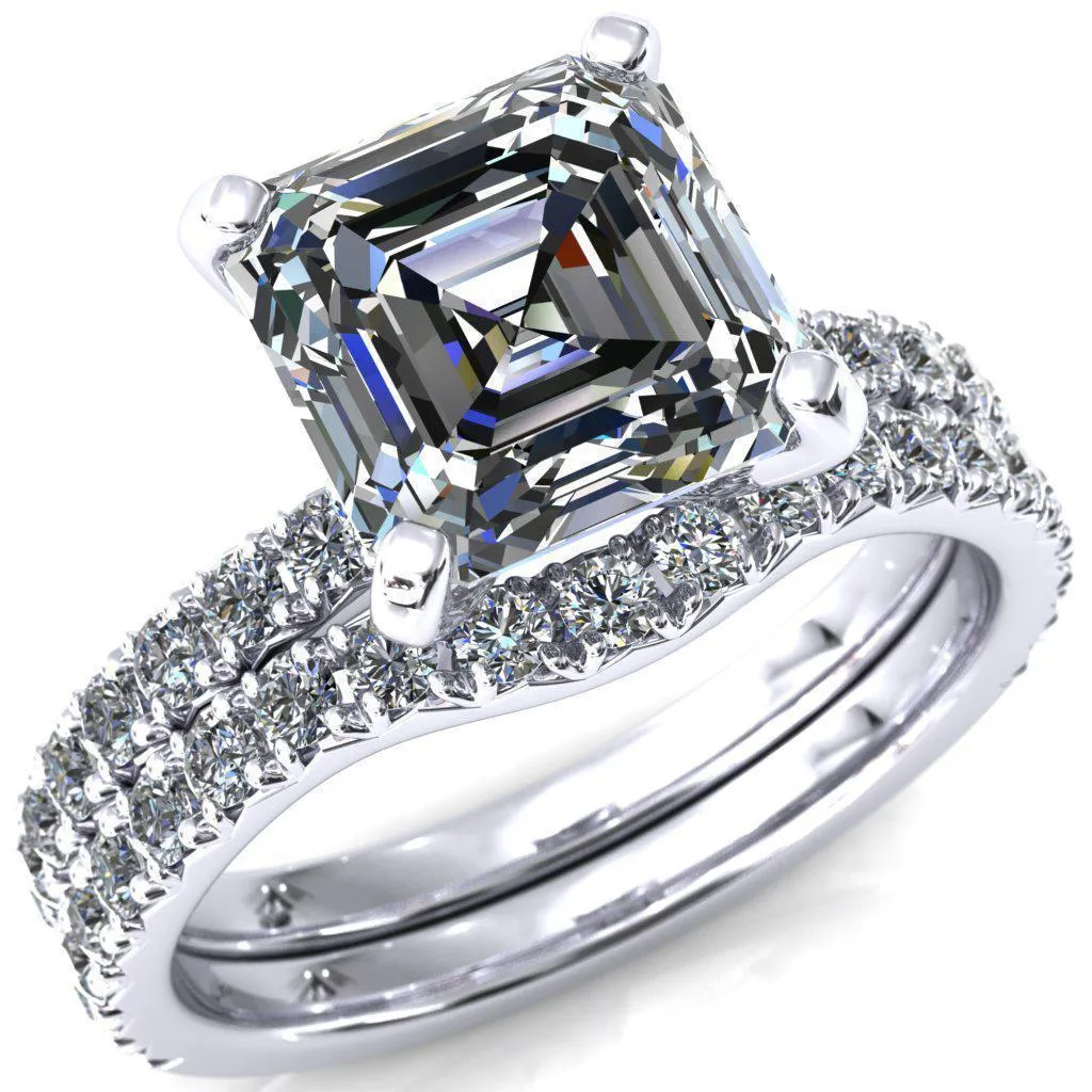 Nefili Asscher Moissanite 4 Prong 5/8 Eternity Diamond French Pave Engagement Ring