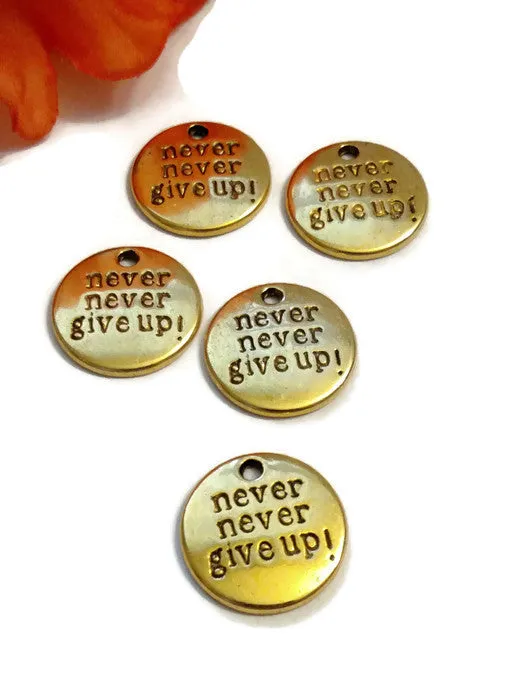 Never Never Give Up Pendant Charms - Gold Tone 10 Pcs