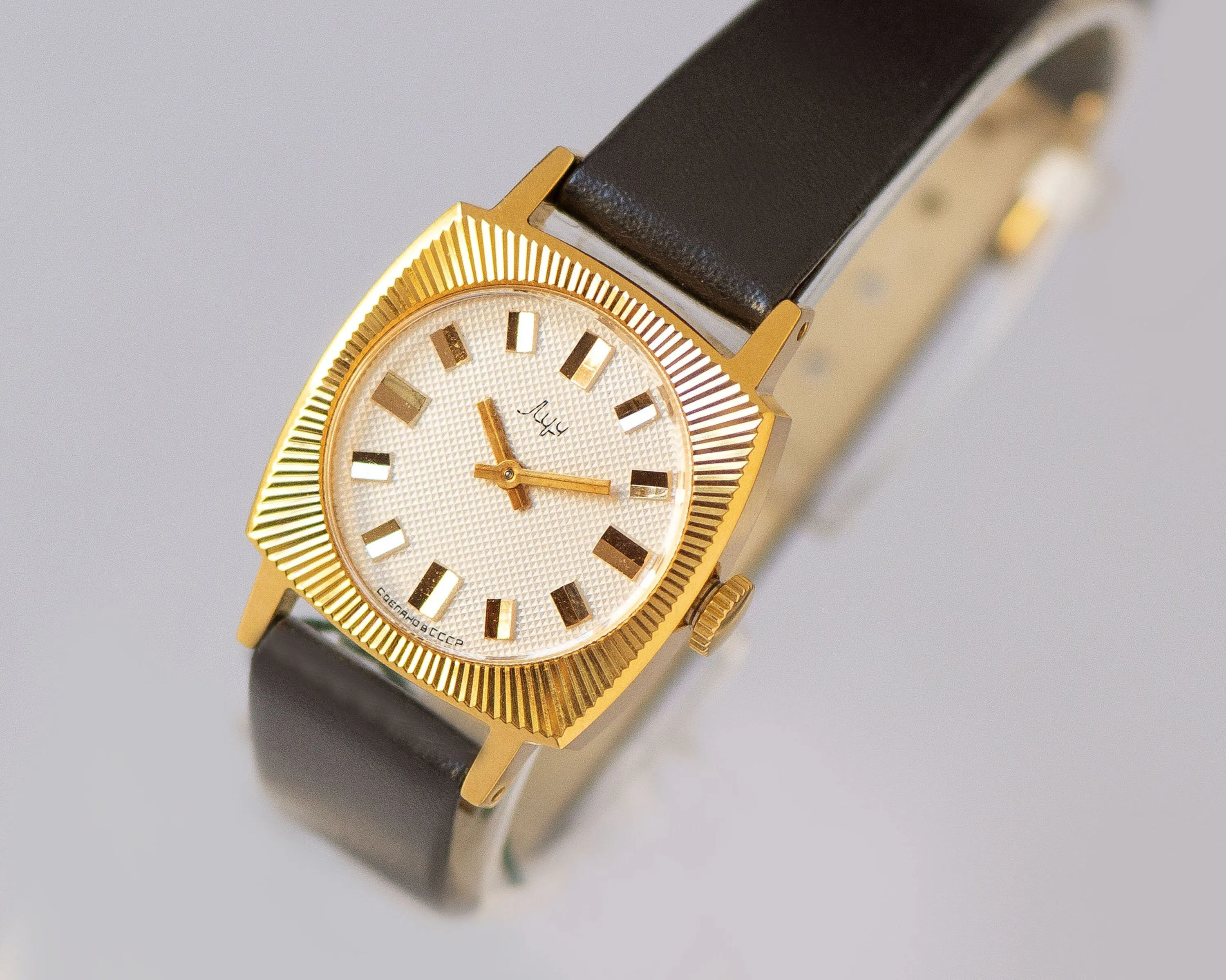 New old stock women's watch sunburst case Ray, vintage woman watch square gift, gold plated woman watch unused, new premium leather strap