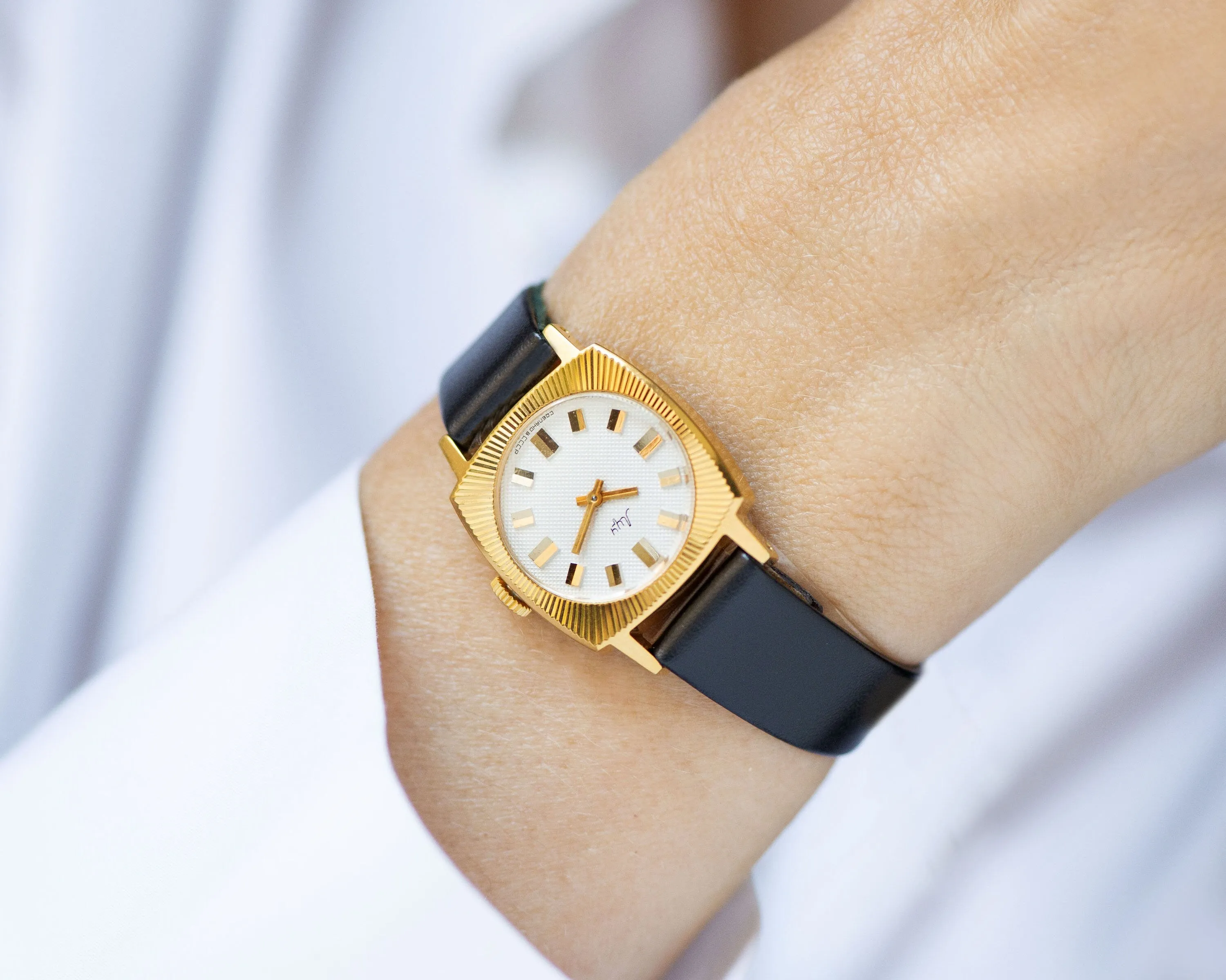 New old stock women's watch sunburst case Ray, vintage woman watch square gift, gold plated woman watch unused, new premium leather strap