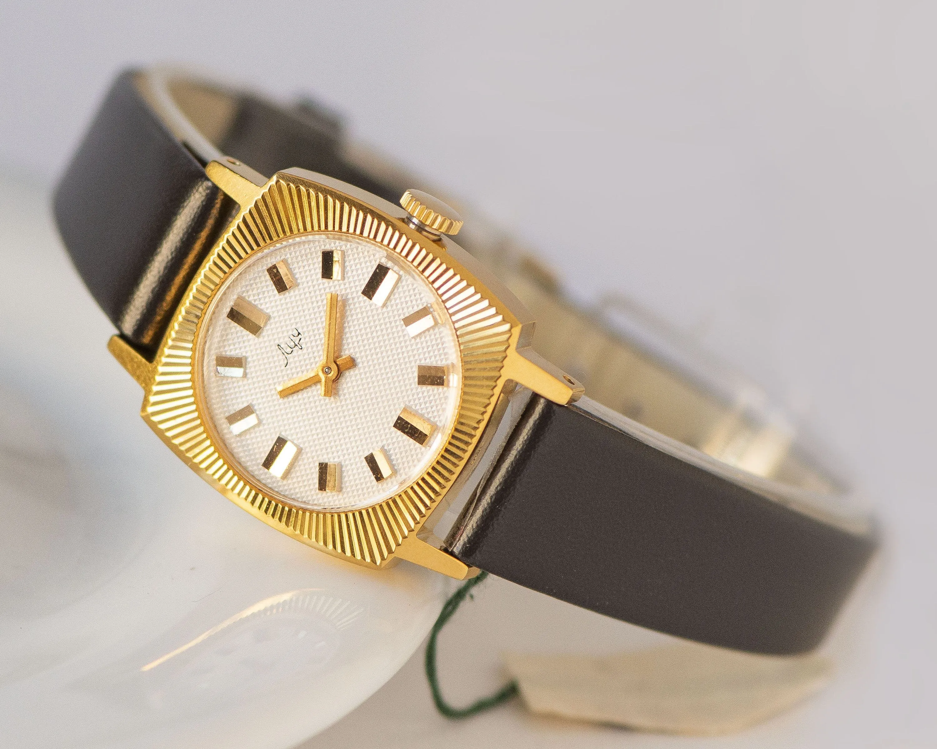 New old stock women's watch sunburst case Ray, vintage woman watch square gift, gold plated woman watch unused, new premium leather strap