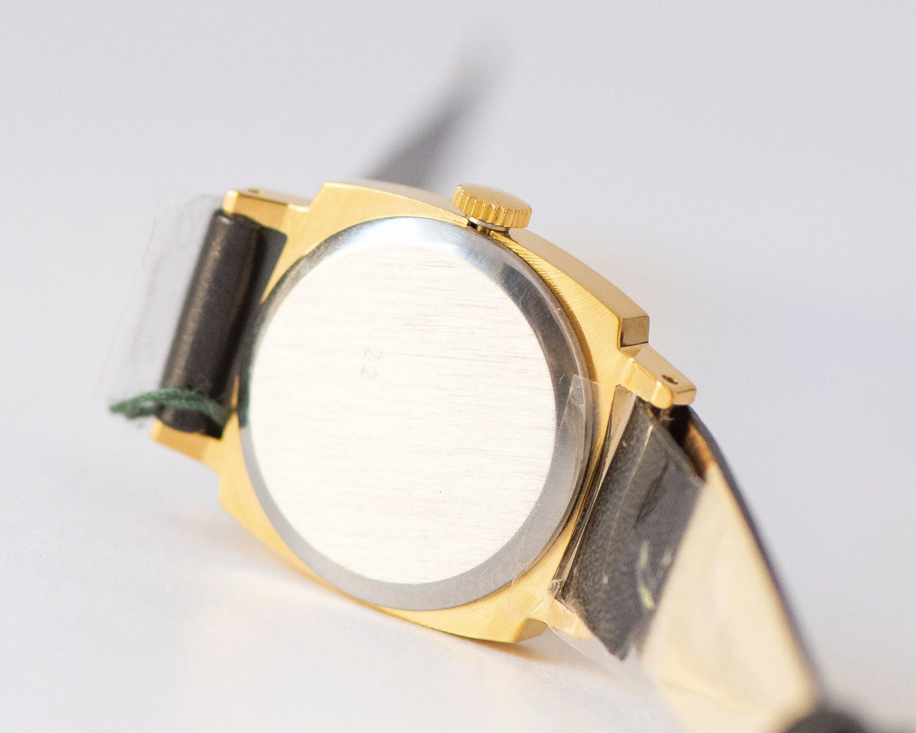 New old stock women's watch sunburst case Ray, vintage woman watch square gift, gold plated woman watch unused, new premium leather strap