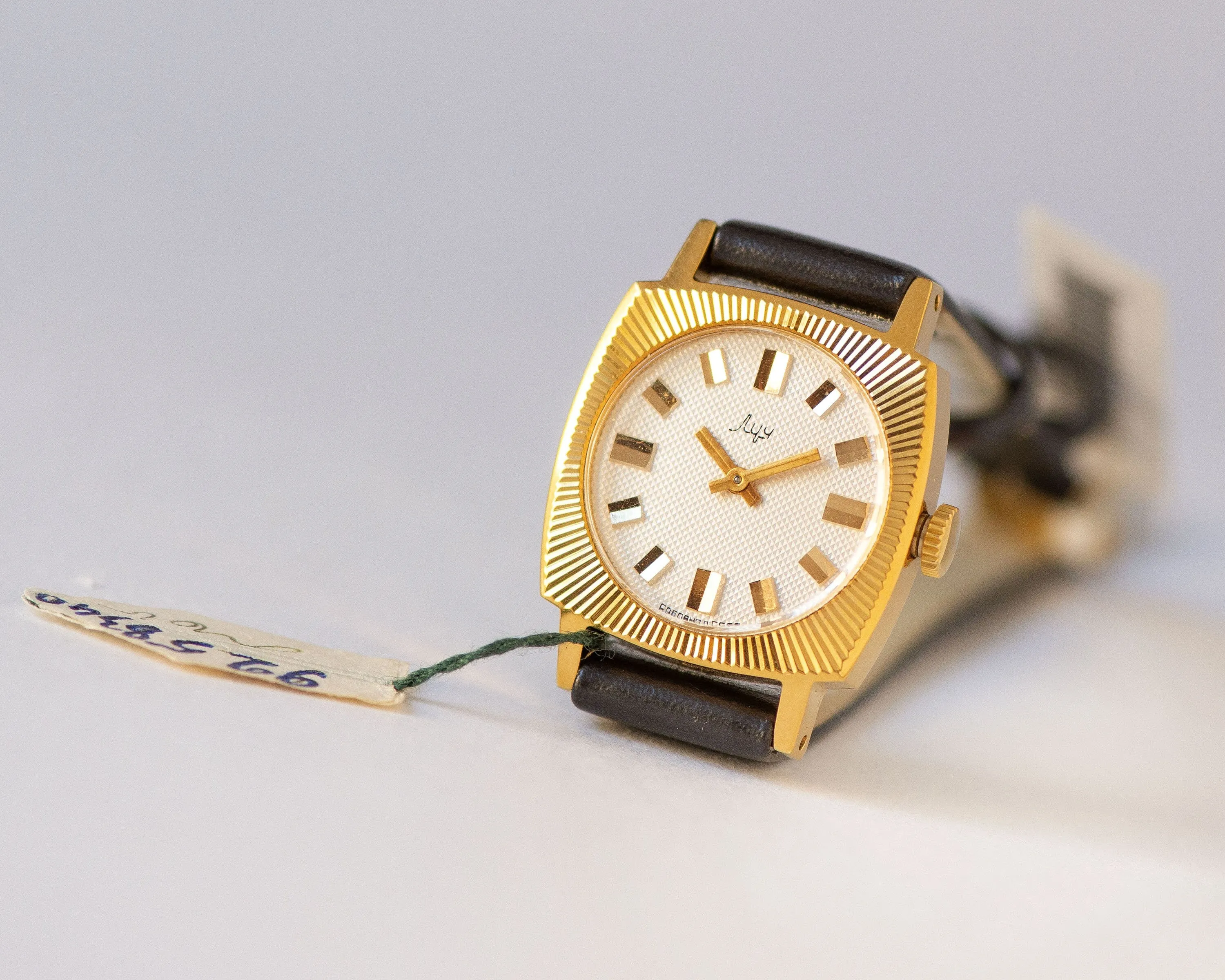 New old stock women's watch sunburst case Ray, vintage woman watch square gift, gold plated woman watch unused, new premium leather strap