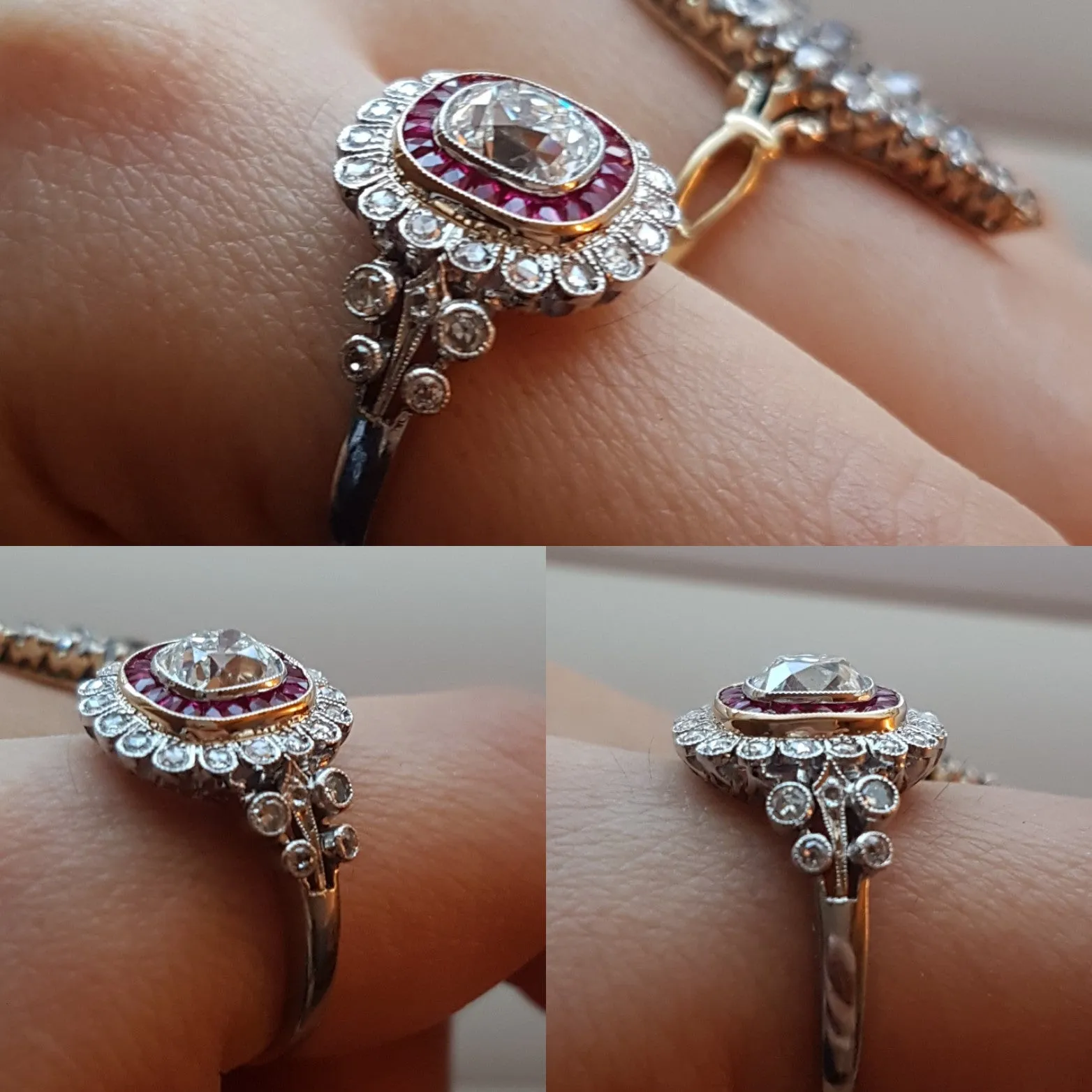 OLD CUSHION CUT DIAMOND AND RUBY HALO RING