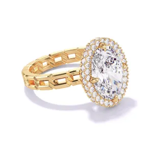 OVAL CUT DIAMOND ENGAGEMENT RING WITH A WRAPPED HALO 16 LINKS SETTING IN 18K YELLOW GOLD