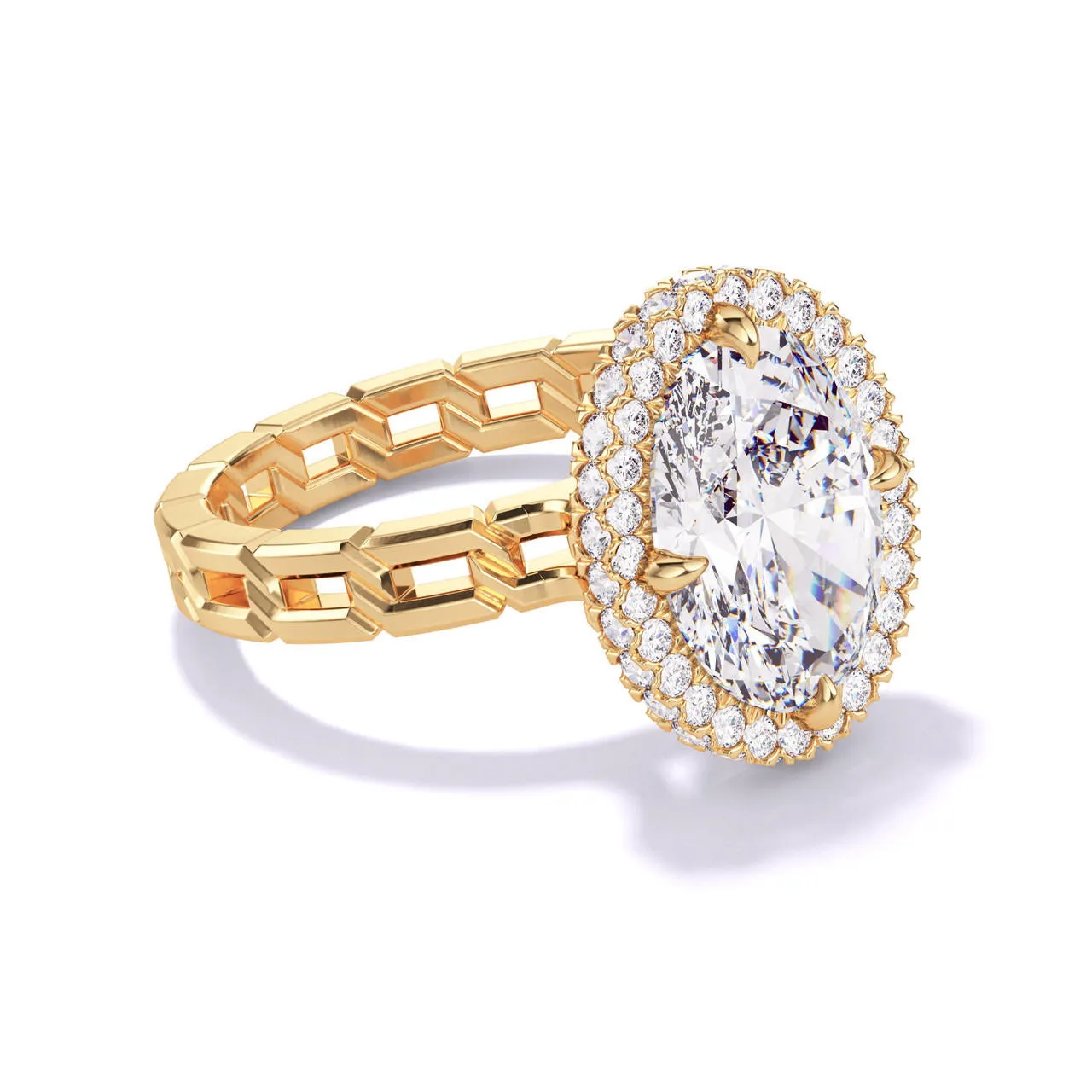 OVAL CUT DIAMOND ENGAGEMENT RING WITH A WRAPPED HALO 16 LINKS SETTING IN 18K YELLOW GOLD