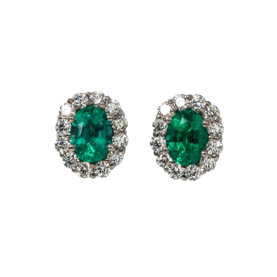 Oval Emerald & Diamond Cluster 18K Gold Stud Earrings