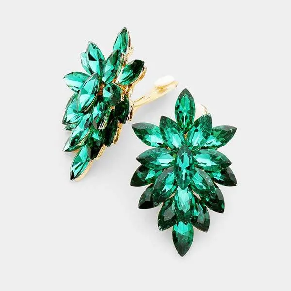 Oval Emerald Green Crystal Cluster Clip on Gold Earrings