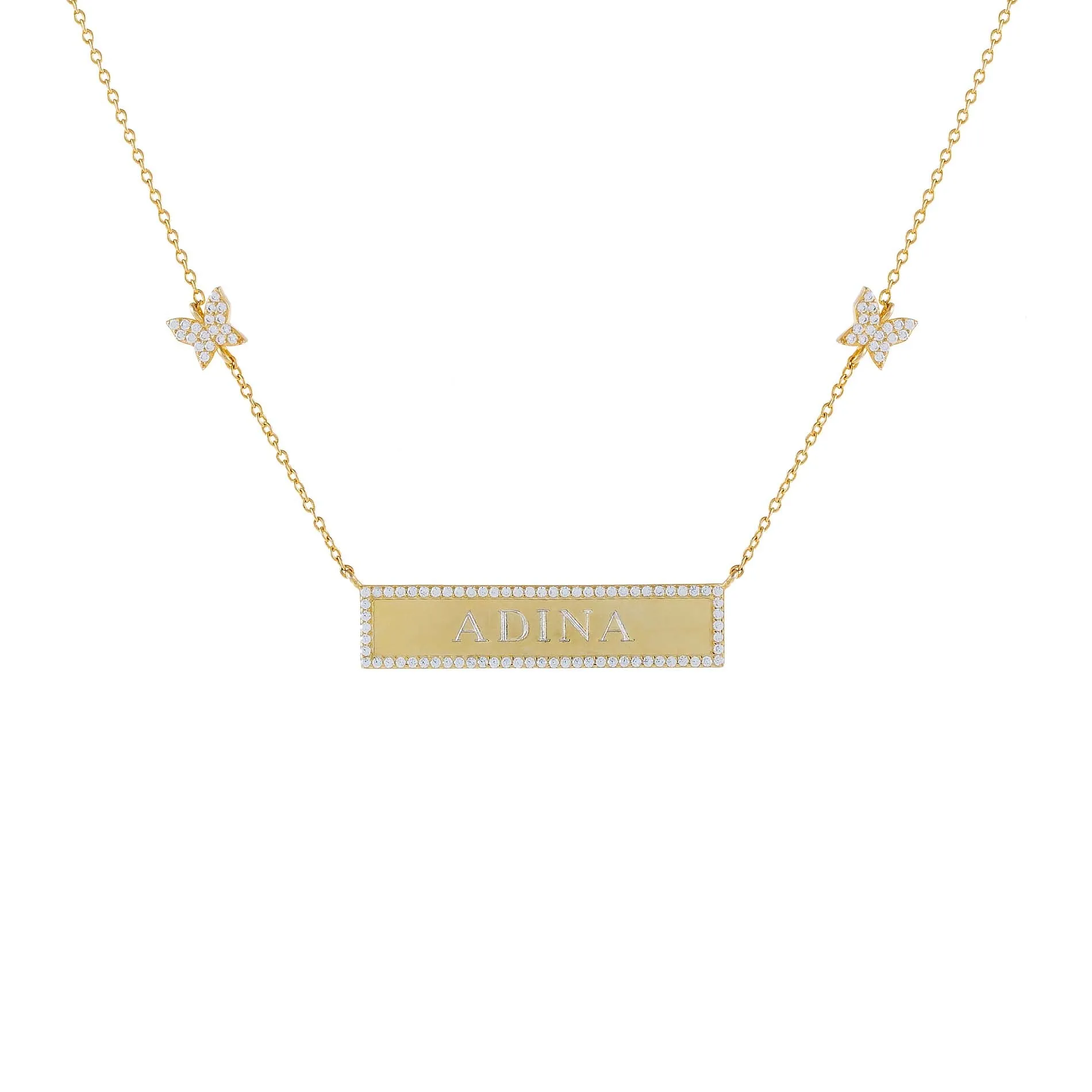 Pavé Engravable Bar Butterfly Necklace