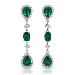 Pear & Oval Shape Emerald with Round Diamond Accent Dangling Earrings 18k White Gold, Omega Lock