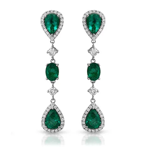 Pear & Oval Shape Emerald with Round Diamond Accent Dangling Earrings 18k White Gold, Omega Lock