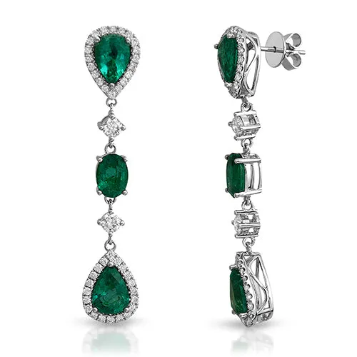 Pear & Oval Shape Emerald with Round Diamond Accent Dangling Earrings 18k White Gold, Omega Lock