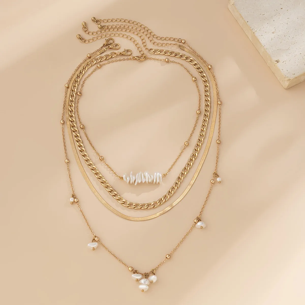 Pearl & 18K Gold-Plated Herringbone Chain Necklace Set