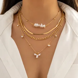 Pearl & 18K Gold-Plated Herringbone Chain Necklace Set