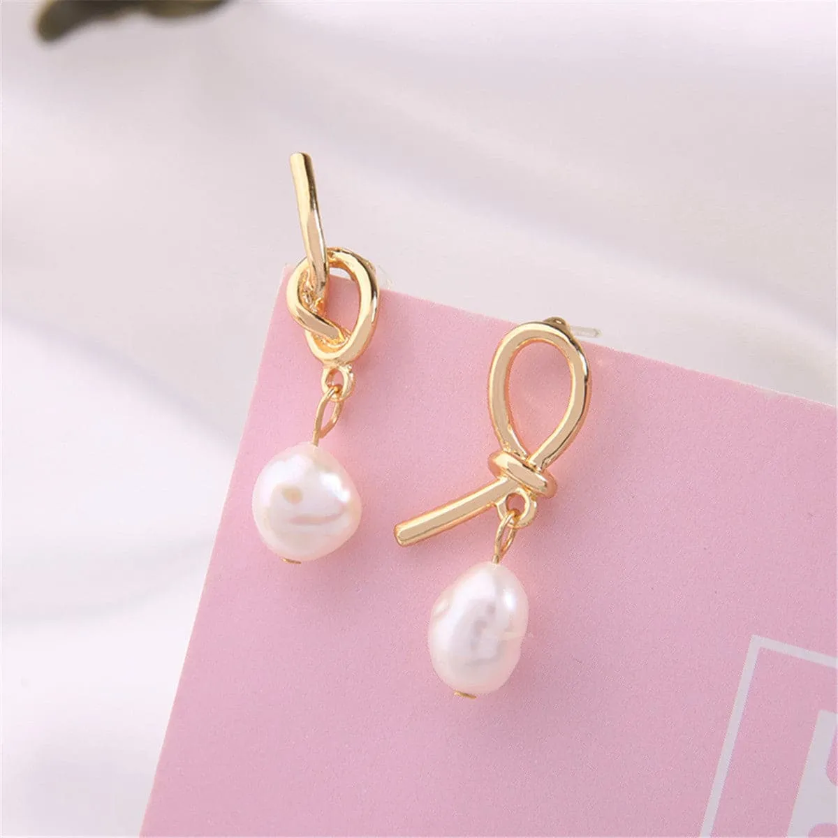 Pearl & 18K Gold-Plated Knot Drop Earrings