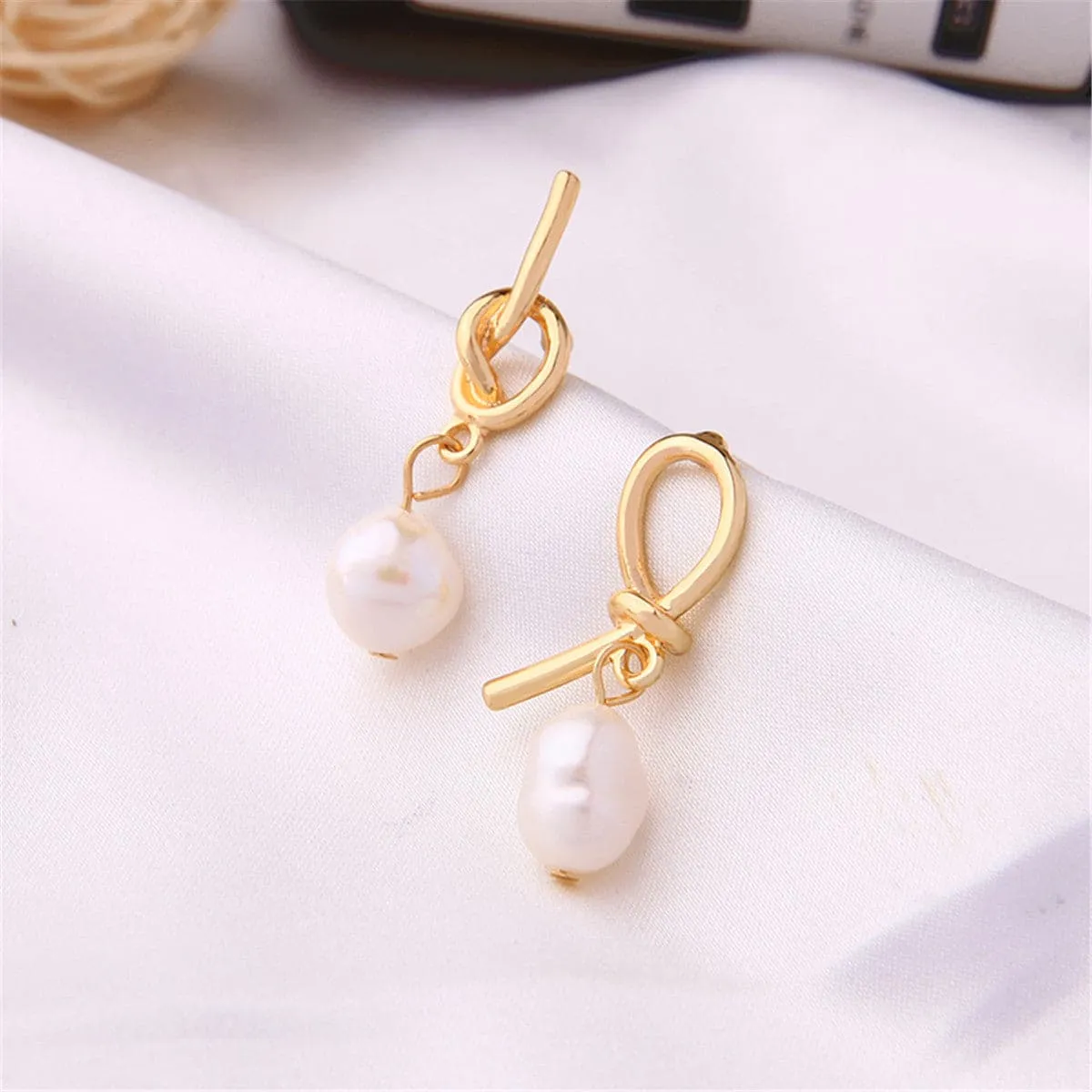 Pearl & 18K Gold-Plated Knot Drop Earrings