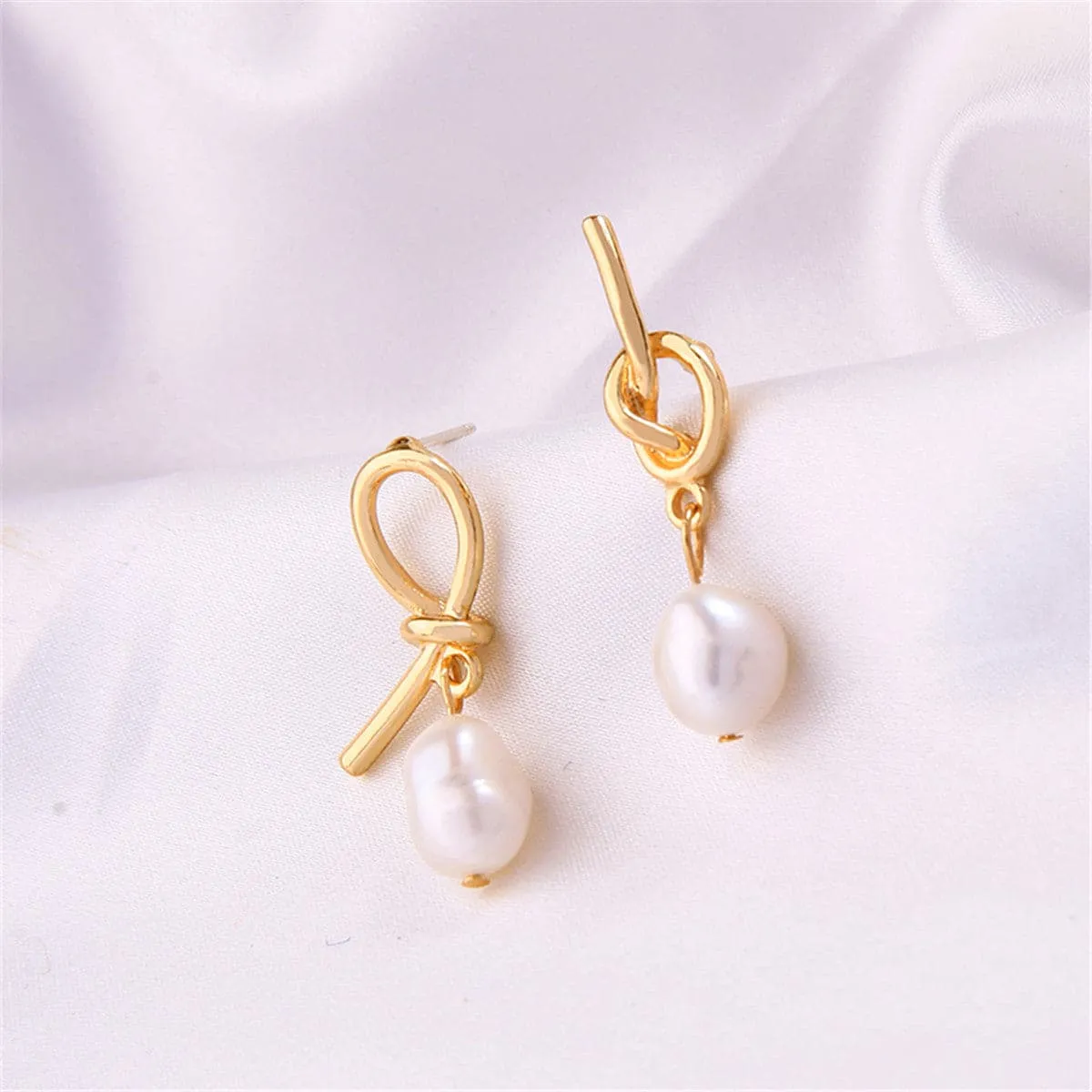 Pearl & 18K Gold-Plated Knot Drop Earrings