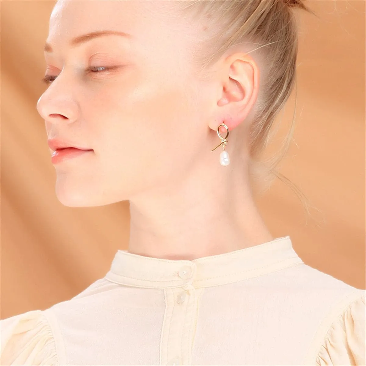 Pearl & 18K Gold-Plated Knot Drop Earrings