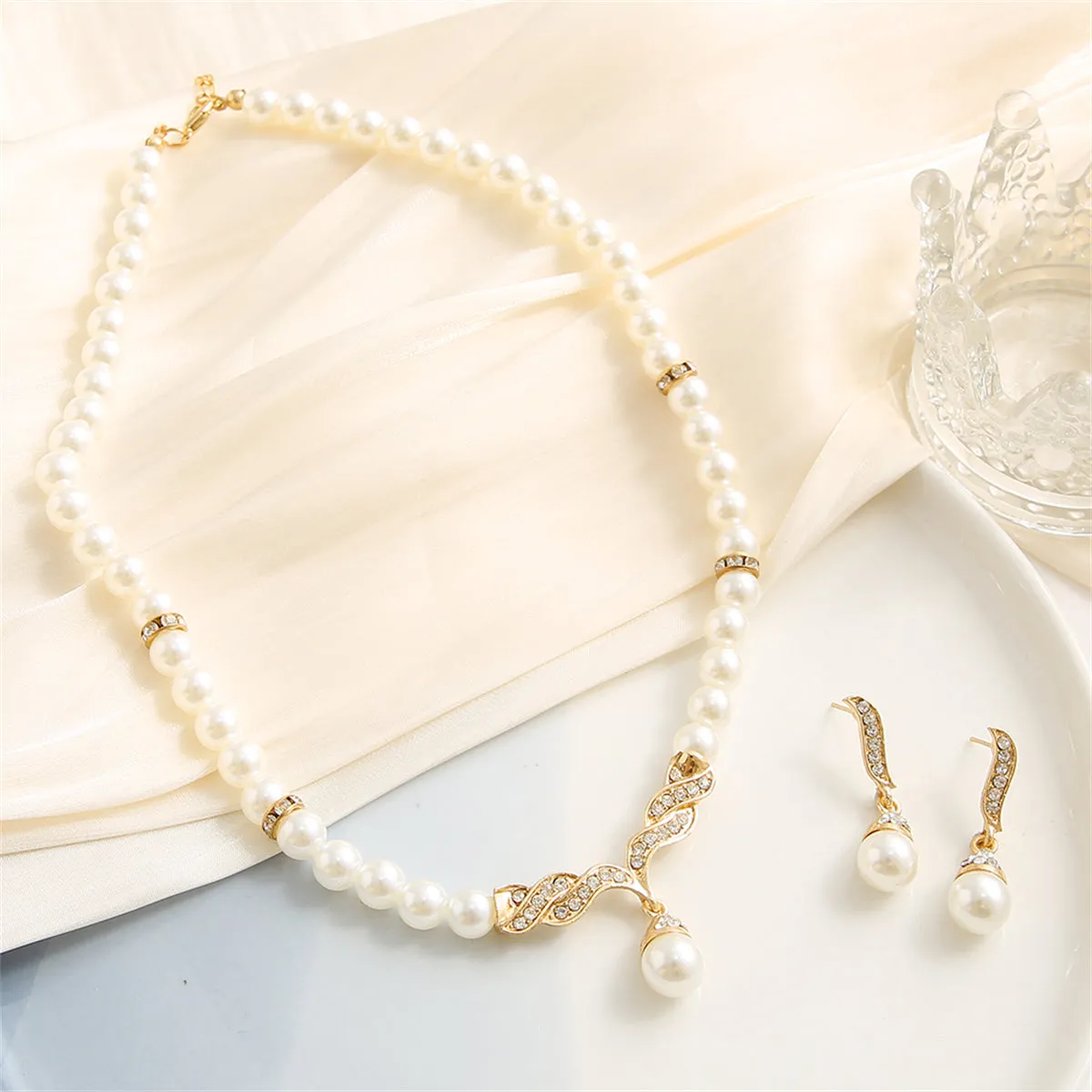 Pearl & Cubic Zirconia 18K Gold-Plated Drop Necklace & Earrings