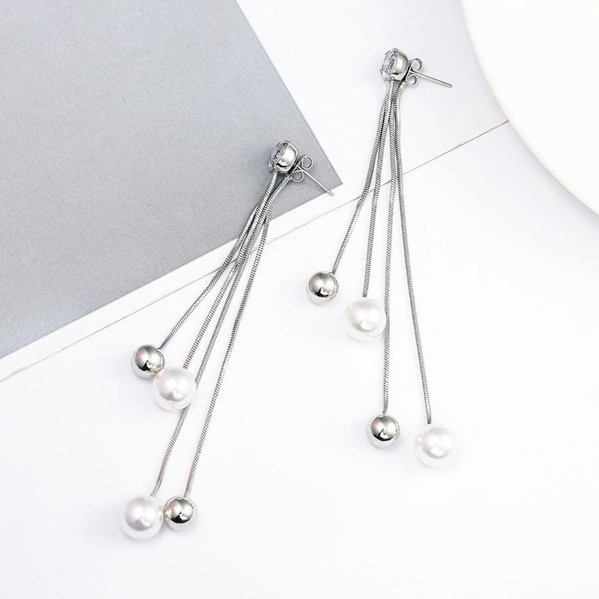 Pearl & Cubic Zirconia Silver-Plated Ball Tassel Drop Earrings