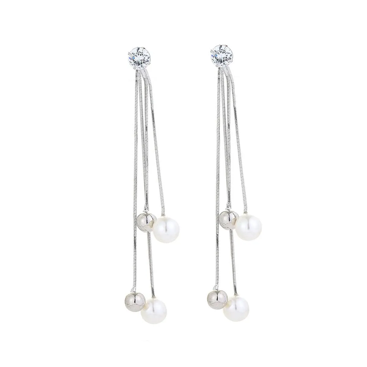 Pearl & Cubic Zirconia Silver-Plated Ball Tassel Drop Earrings