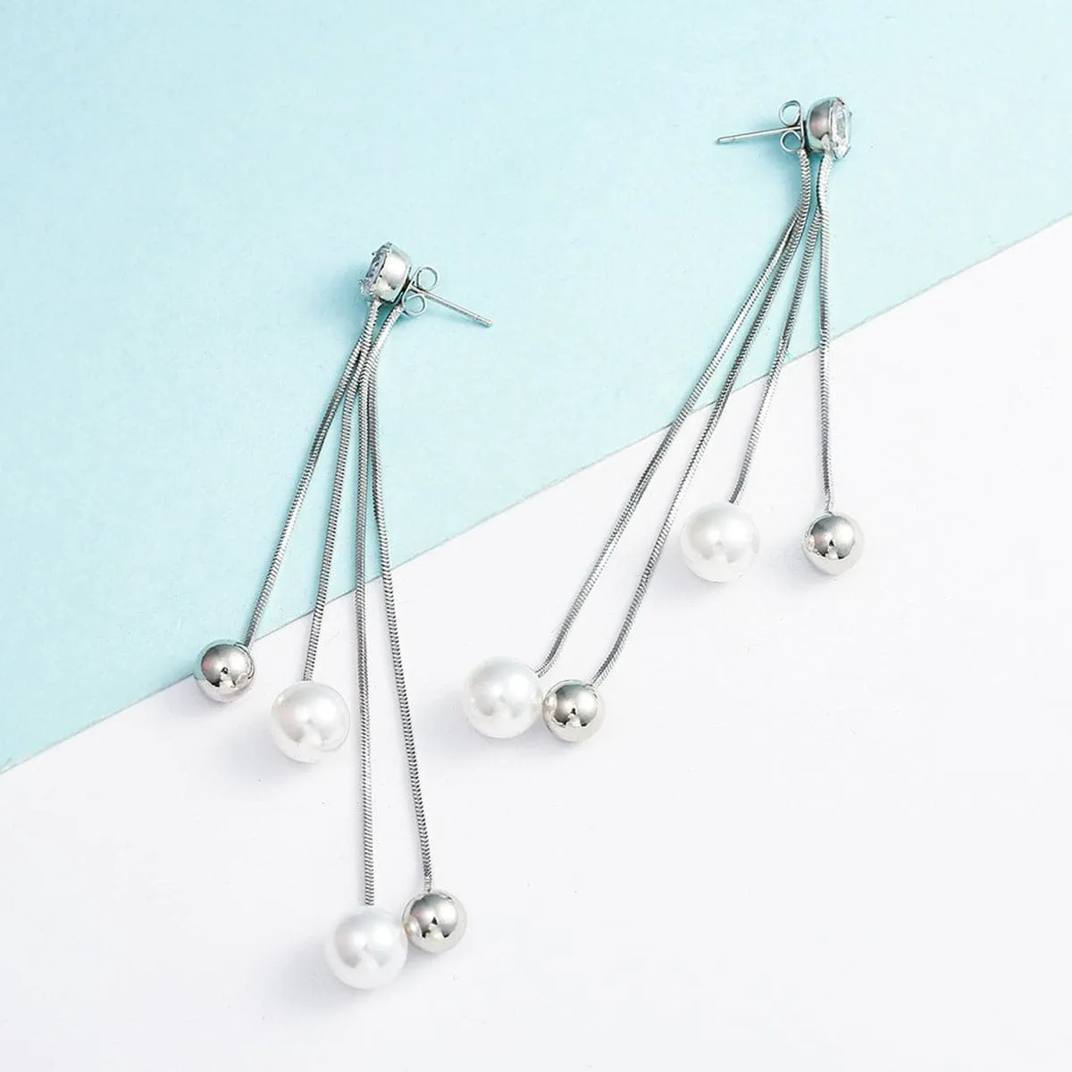 Pearl & Cubic Zirconia Silver-Plated Ball Tassel Drop Earrings