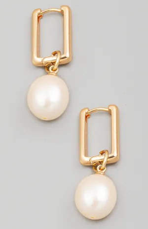 Pearl Charm Rectangle Hoop Earrings