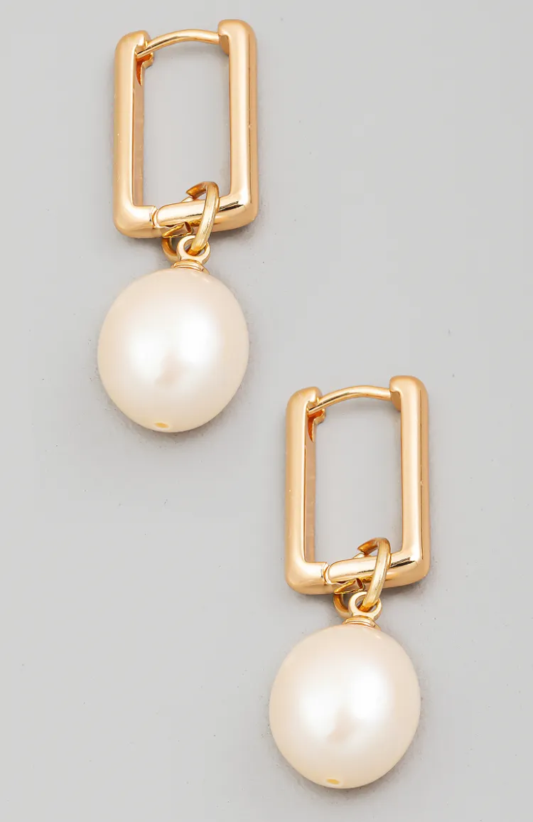 Pearl Charm Rectangle Hoop Earrings