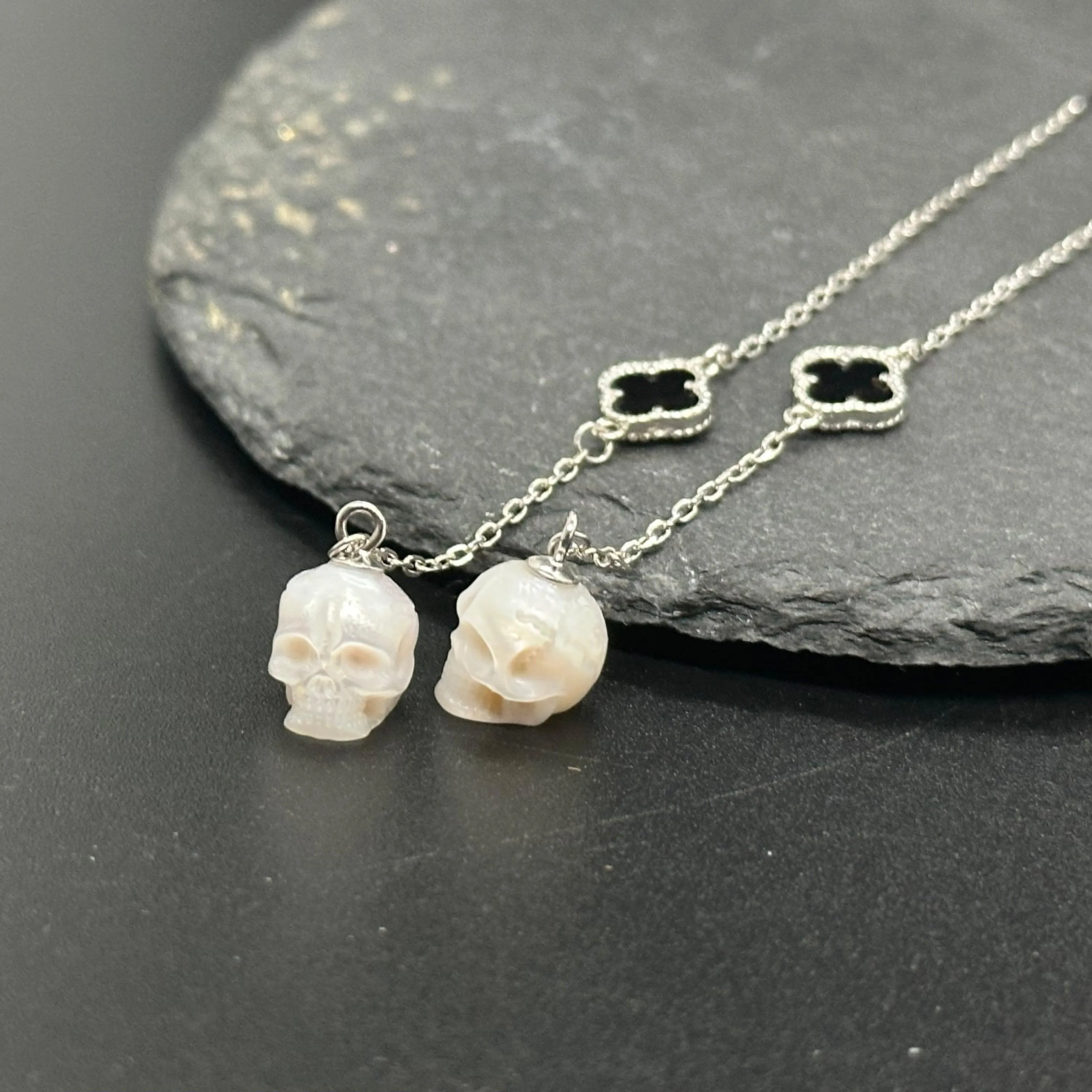 Pearl Skull Four Leaf Clover Threader Earrings