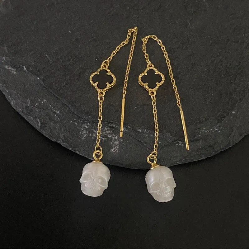 Pearl Skull Four Leaf Clover Threader Earrings