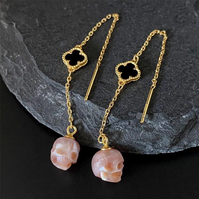 Pearl Skull Four Leaf Clover Threader Earrings