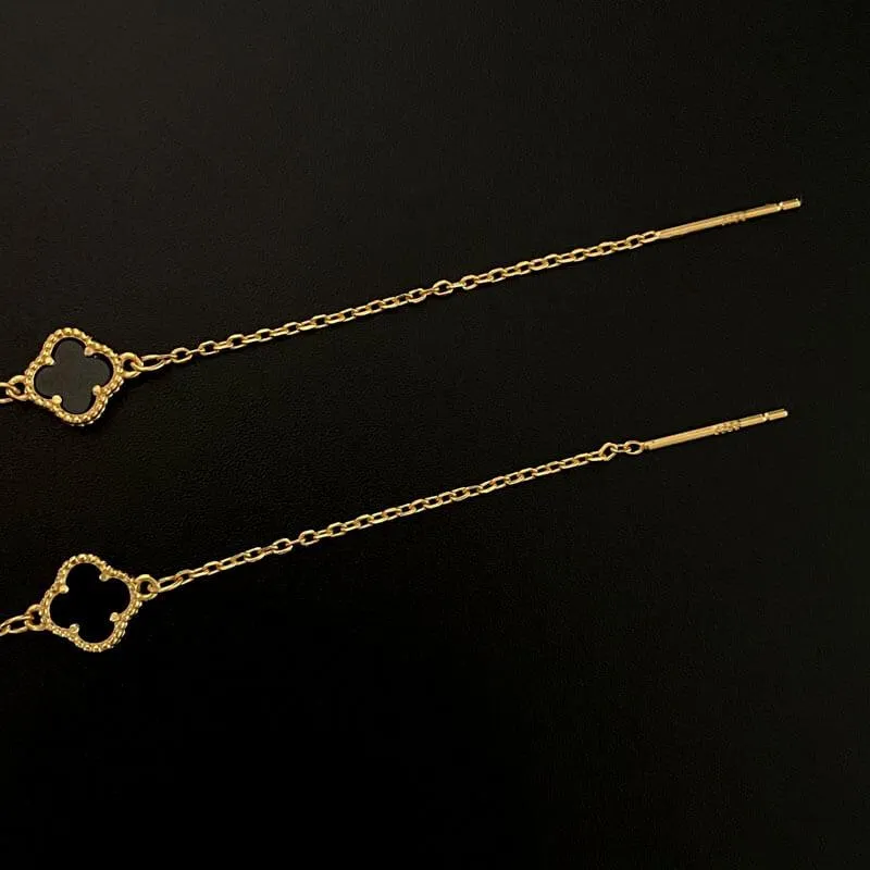 Pearl Skull Four Leaf Clover Threader Earrings
