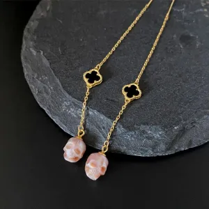Pearl Skull Four Leaf Clover Threader Earrings