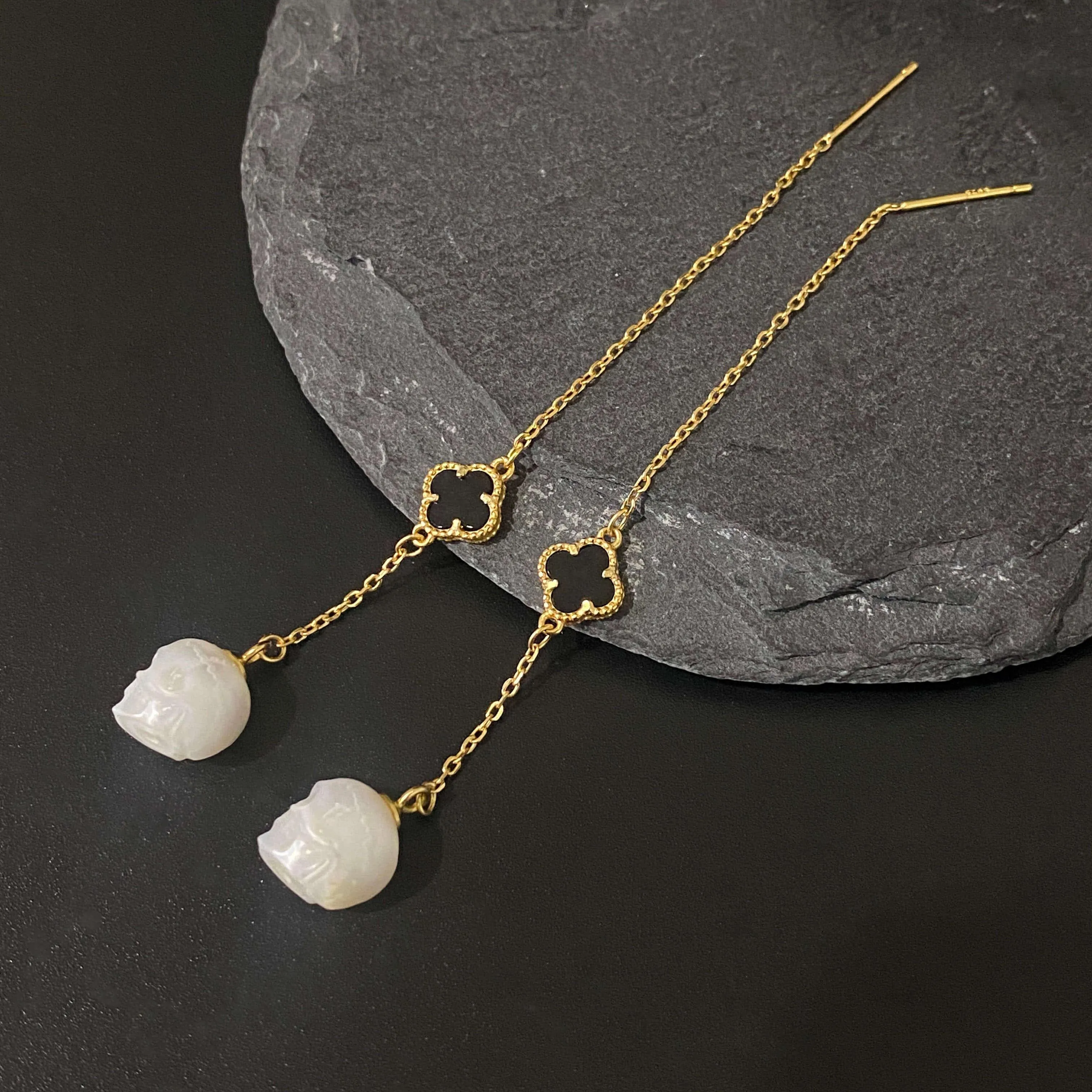 Pearl Skull Four Leaf Clover Threader Earrings